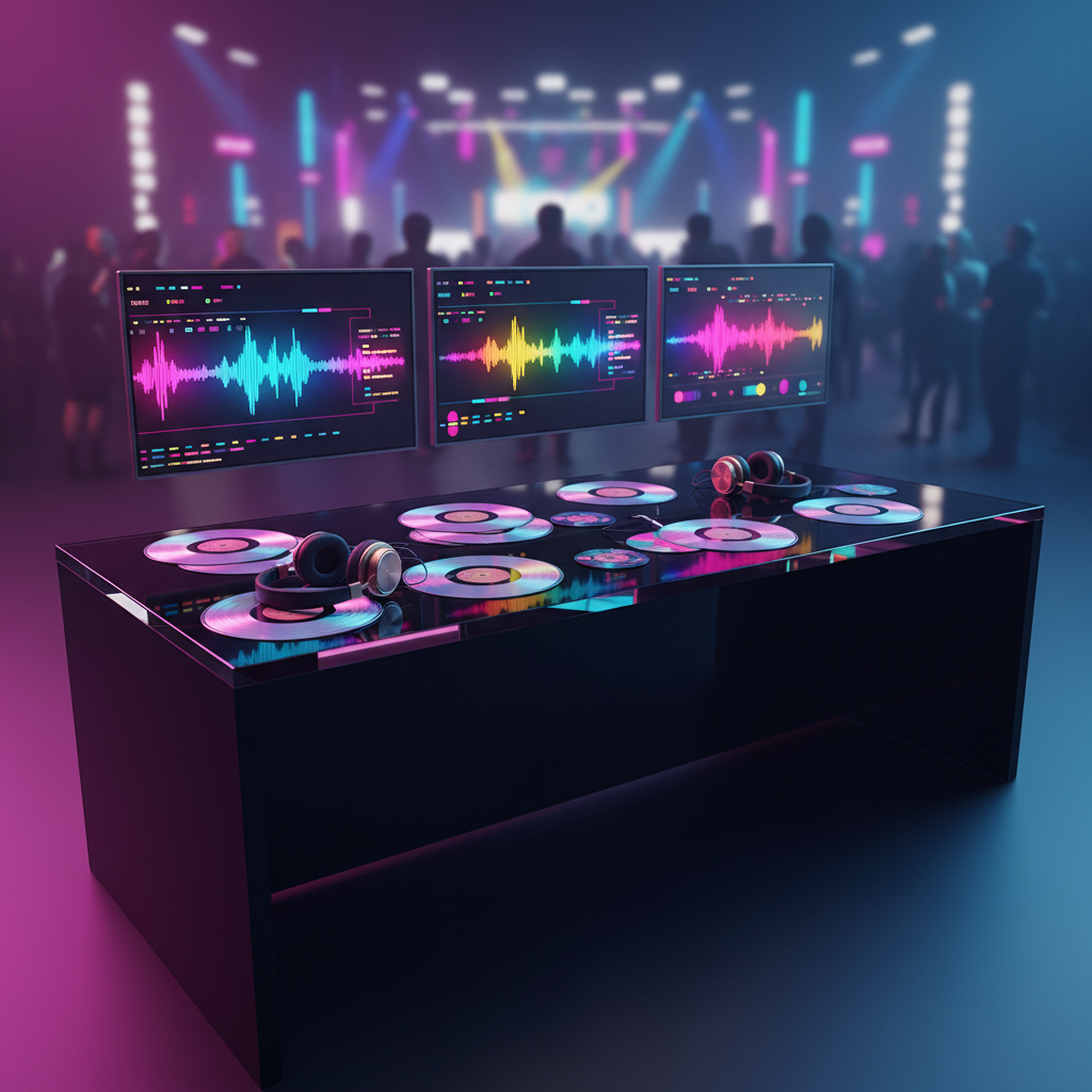 A glossy, high-end pop music newsroom desk formed from sleek black acrylic, topped with scattered holographic vinyl records and over-ear studio headphones with metallic rose-gold accents. Multiple ultra-thin monitors float behind the desk, each displaying abstract, colorful waveforms and blurred, text-free news ticker graphics about chart-topping pop hits. Neon magenta and electric blue studio lights wash the scene from opposite sides, creating sharp reflections on the shiny surfaces and casting bold, angular shadows. Shot at eye level in photographic realism with a wide lens, the composition centers the desk while the background falls into a soft bokeh of concert lights, evoking an energetic, fast-breaking pop music news hub.