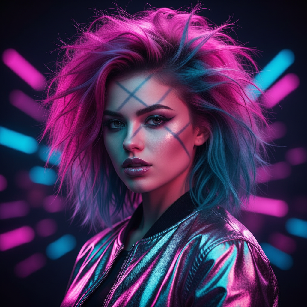 Rising pop artist Mara Volt — neon-lit portrait with bold colorful hair and a shimmering metallic jacket