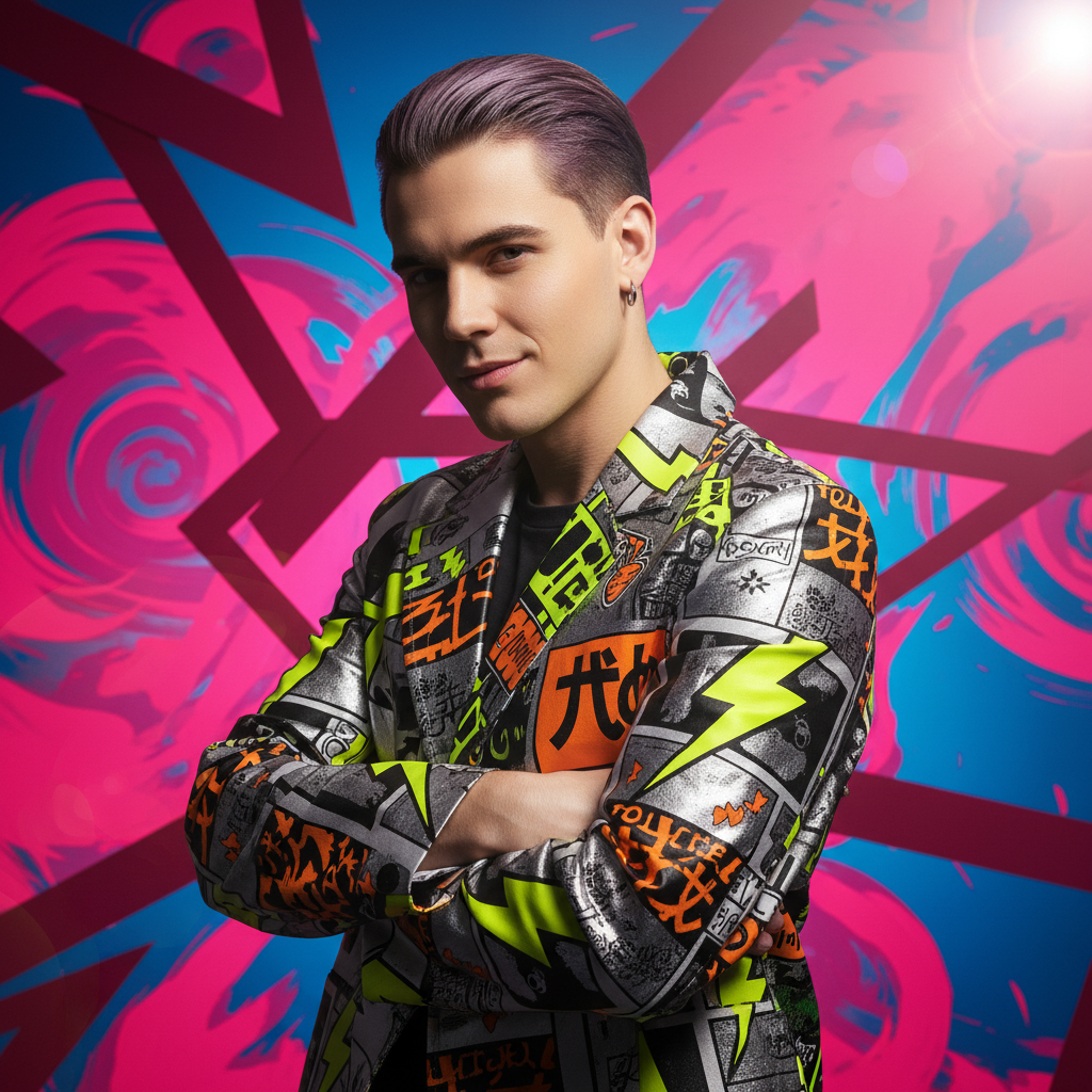 Rising pop artist Dayo Cruz — bold graphic jacket against a vivid pink and electric blue geometric backdrop